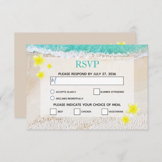 Cartons Réponse Plumeria jaune Frangipani Plage tropicale Mariage (Devant / Derrière)