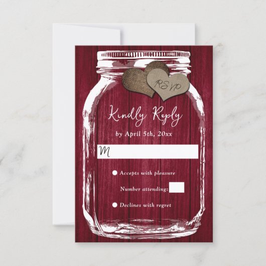 Cartons Réponse Pot en verre de bois de Bourgogne Mariage rustique (Devant)