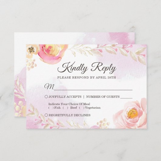 Cartons Réponse Printemps Watercolor Girly Rose & Gold Wedding RSV (Devant / Derrière)