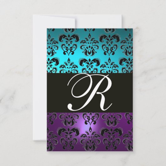 Cartons Réponse PURPLE BLACK DAMASK MONOGRAM RSVP, turquase bleue (Devant)