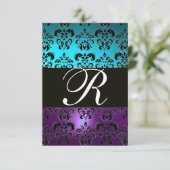Cartons Réponse PURPLE BLACK DAMASK MONOGRAM RSVP, turquase bleue (Debout devant)