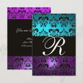 Cartons Réponse PURPLE BLACK DAMASK MONOGRAM RSVP, turquase bleue (Devant / Derrière)