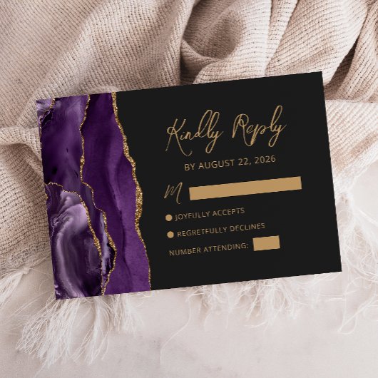 Cartons Réponse Purple Gold Agate Mariage de script moderne