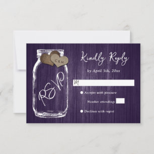 Cartons Réponse Purple rustique Pays Bois Coeur Mason Jar Mariage