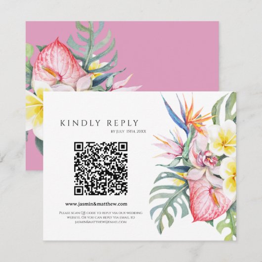 Cartons Réponse Purple Tropical Floral Hawaii QR Code Wedding (Devant / Derrière)