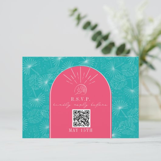Cartons Réponse QR Code Arch bleu rose Mariage de palme tropicale (Debout devant)