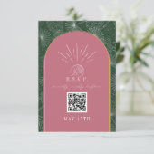 Cartons Réponse QR Code Arch Tropical Palm rose Mariage vert rose (Debout devant)