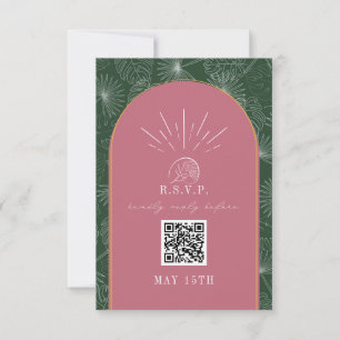Cartons Réponse QR Code Arch Tropical Palm rose Mariage vert rose