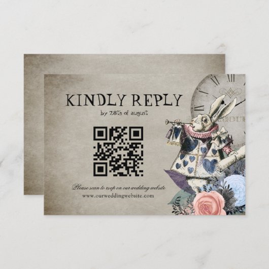 Cartons Réponse QR Code Dusty Blue Alice en Wonderland Mariage (Devant / Derrière)