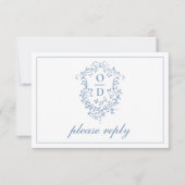 Cartons Réponse QR Code Dusty Blue Crest Monogram Mariage (Devant)