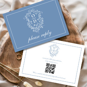 Cartons Réponse QR Code Dusty Blue Crest Monogram Mariage