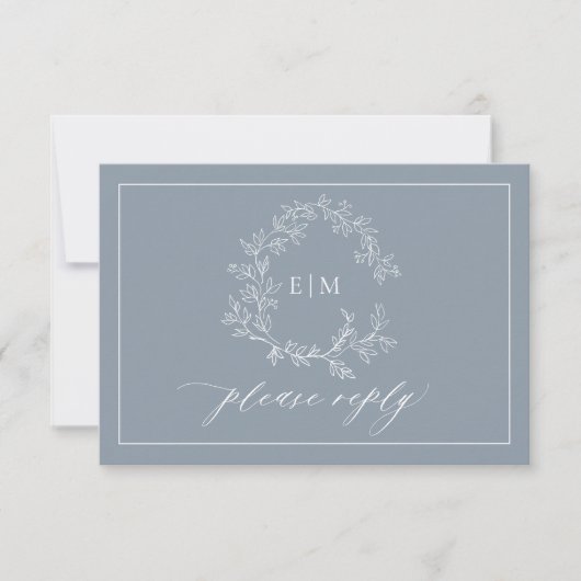 Cartons Réponse QR Code Dusty Blue Leafy Crest Monogram Mariage (Devant)