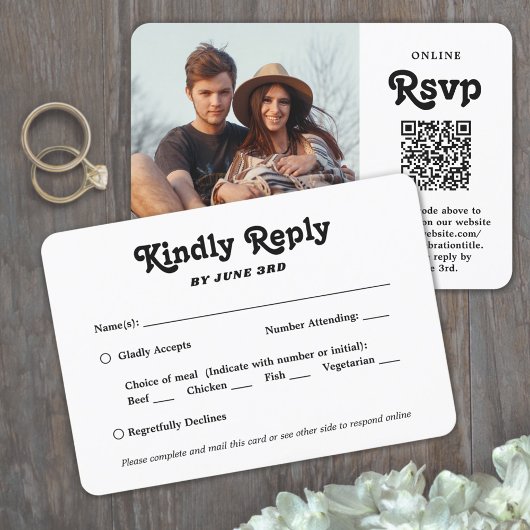 Cartons Réponse QR Code et options de repas Retro Script Mariage p