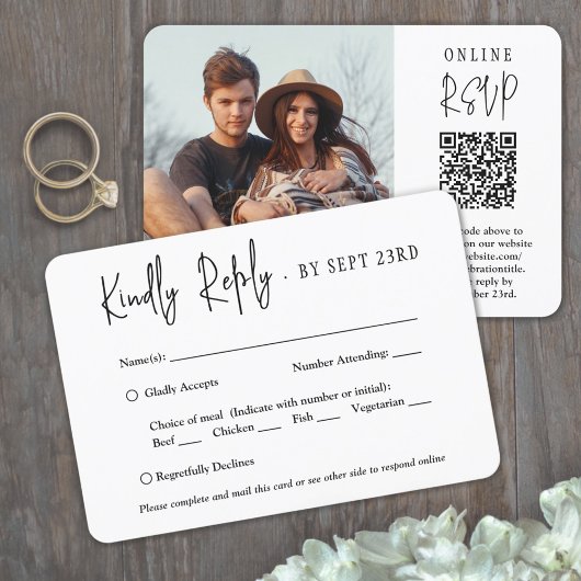 Cartons Réponse QR Code et options de repas Script moderne Mariage