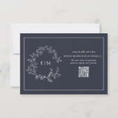 Cartons Réponse QR Code Marine Blue Leafy Crest Monogram Mariage (Dos)