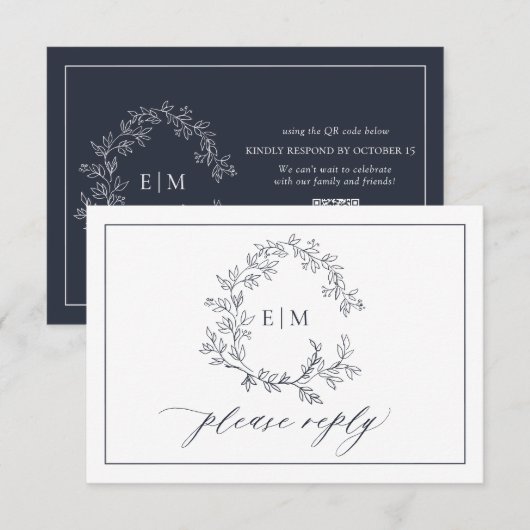 Cartons Réponse QR Code Marine Blue Leafy Crest Monogram Mariage (Devant / Derrière)