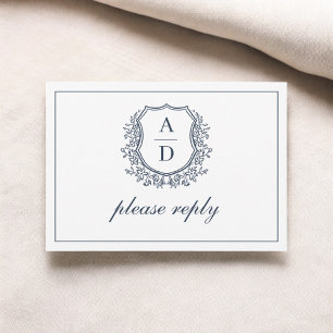 Cartons Réponse QR Code Marine Crest Bleu Mariage Monogramme