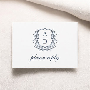 Cartons Réponse QR Code Marine Crest Bleu Mariage Monogramme