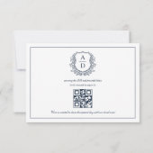 Cartons Réponse QR Code Marine Crest Bleu Mariage Monogramme (Dos)