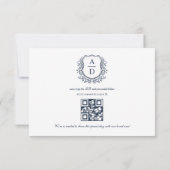 Cartons Réponse QR Code Marine Crest Bleu Mariage Monogramme (Dos)