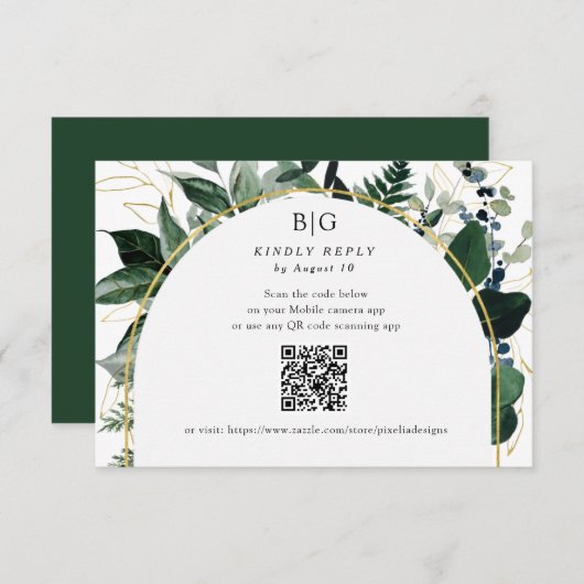 Cartons Réponse QR code Moderne Botanique Vert feuillage mariage (Devant / Derrière)