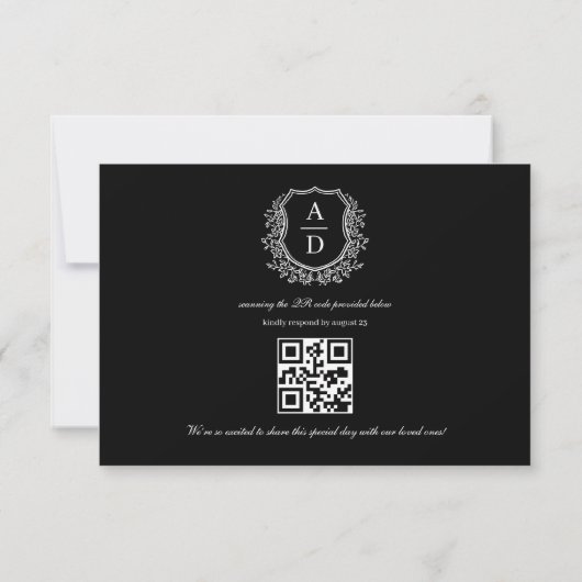 Cartons Réponse QR Code noir blanc crête Monogramme Mariage (Dos)