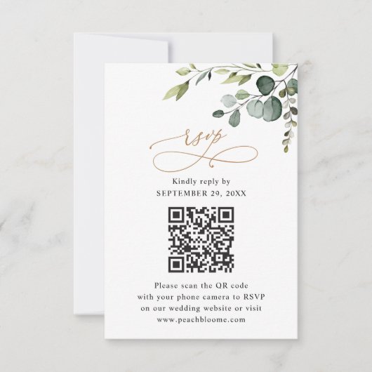 Cartons Réponse QR Code Rustique Eucalyptus Verdure Mariage Or (Devant)