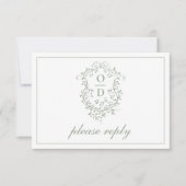 Cartons Réponse QR Code Sage Green Crest Monogram Mariage (Devant)