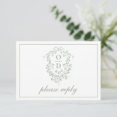Cartons Réponse QR Code Sage Green Crest Monogram Mariage (Debout devant)