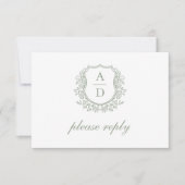 Cartons Réponse QR Code Sage Green Crest Monogram Mariage (Devant)