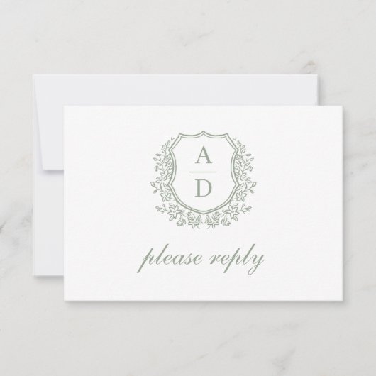Cartons Réponse QR Code Sage Green Crest Monogram Mariage (Devant)