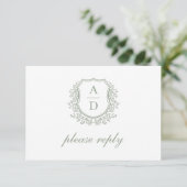 Cartons Réponse QR Code Sage Green Crest Monogram Mariage (Debout devant)