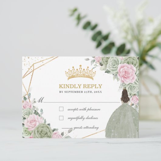Cartons Réponse Quinceañera Anniversaire Sage Vert Doux Rose Flora (Debout devant)