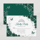 Cartons Réponse Quinceanera Emerald Green Silver Floral Reply (Devant / Derrière)