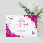 Cartons Réponse Quinceanera Fuchsia Pink Silver Floral Reply (Debout devant)