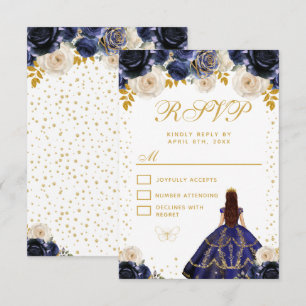 Cartons Réponse Quinceañera princesse florale bleu marine