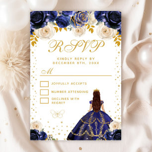 Cartons Réponse Quinceañera princesse florale bleu marine