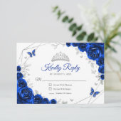 Cartons Réponse Quinceanera Royal Blue Silver Floral Reply (Debout devant)