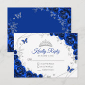 Cartons Réponse Quinceanera Royal Blue Silver Floral Reply (Devant / Derrière)