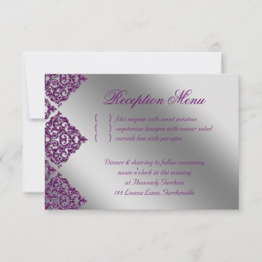 Cartons Réponse Réception Mariage Damask Violet Argent Étincelle (Devant)