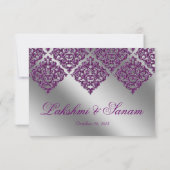 Cartons Réponse Réception Mariage Damask Violet Argent Étincelle (Dos)