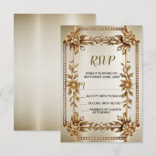 Cartons Réponse Rectangle Orné Or mariage Fleurs Dimonées brillant