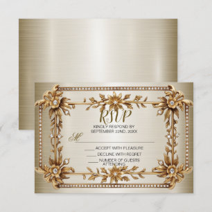 Cartons Réponse Rectangle Orné Or mariage Fleurs Dimonées brillant