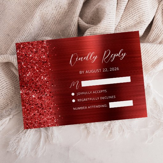 Cartons Réponse Red Brushed Metal Glitter Script Wedding