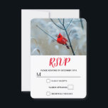 Cartons Réponse Red Cardinal dans Winter Nature Photo de Christmas<br><div class="desc">Une carte RSVP avec une photo nature pittoresque avec un cardinal rouge vif. Contrasté par rapport à une toile de fond hivernale avec la neige tombant doucement.</div>