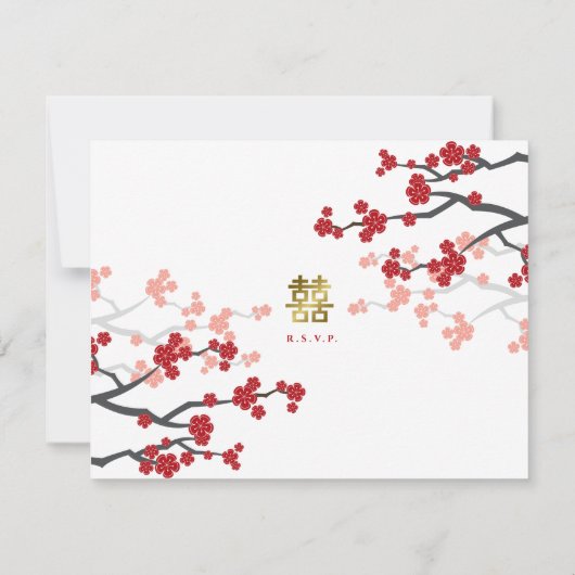 Cartons Réponse Red Sakura & Gold Double Bonheur Mariage chinois (Dos)
