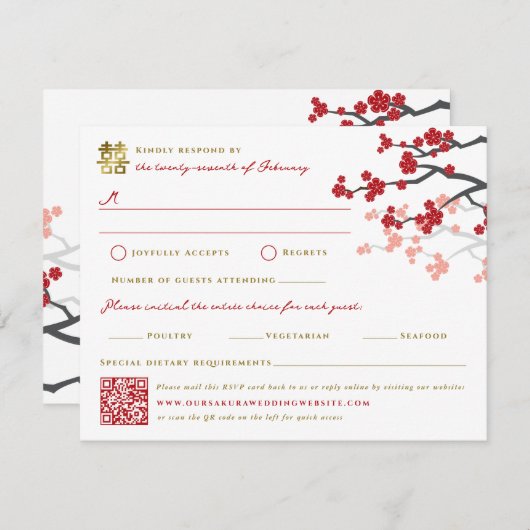 Cartons Réponse Red Sakura & Gold Double Bonheur Mariage chinois (Devant / Derrière)