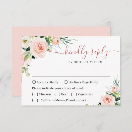 Cartons Réponse REPAS CHOIX Rose Blush Fleurs Mariage de verdure (Devant / Derrière)