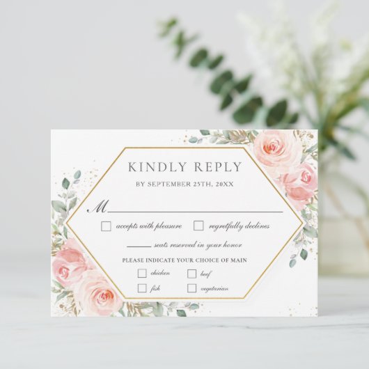 Cartons Réponse Repas Mariage Rose Flore Doux Vert Or (Debout devant)