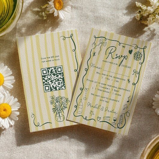 Cartons Réponse Retro Citrus Green hand drawn wedding QR